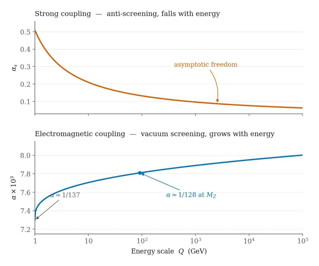Two stacked graphs against a logarithmic energy axis from 1 to 100,000 GeV: the strong coupling falls from about 0.5 to below 0.1, while the electromagnetic coupling rises from 1/137 to 1/128 at the Z boson mass