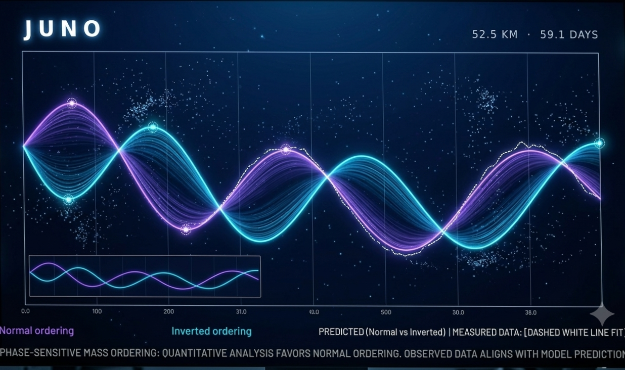 Line chart from the JUNO experiment titled "52.5 KM • 59.1 DAYS" illustrating phase-sensitive mass ordering predictions against measured data. Two out-of-phase sinusoidal curves compare "Normal ordering" (teal line) and "Inverted ordering" (purple line) alongside plotted scatter data points. Text at the bottom notes that quantitative analysis favors normal ordering, with observed data aligning with model predictions.