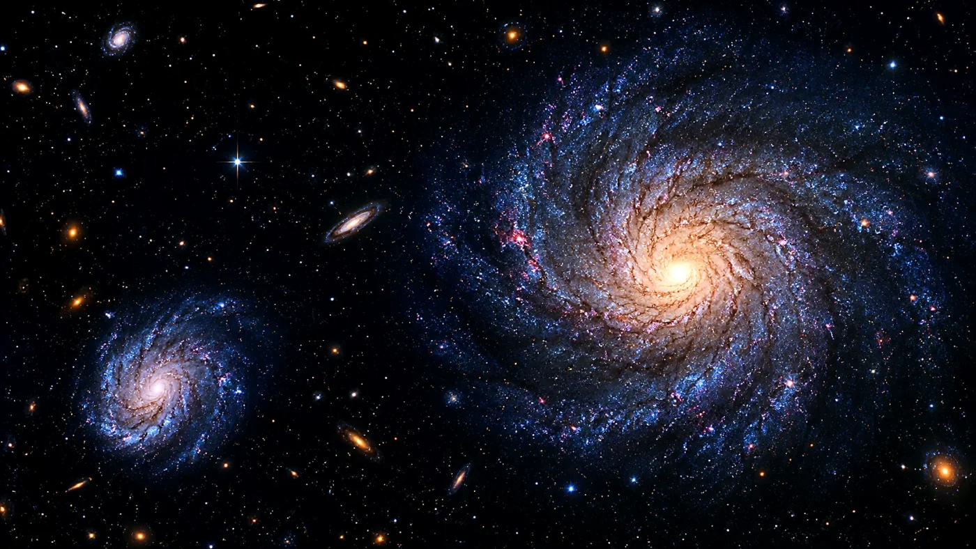 Spiral galaxies scattered across a deep field of stars, with a large luminous galaxy dominating the right side of the image.