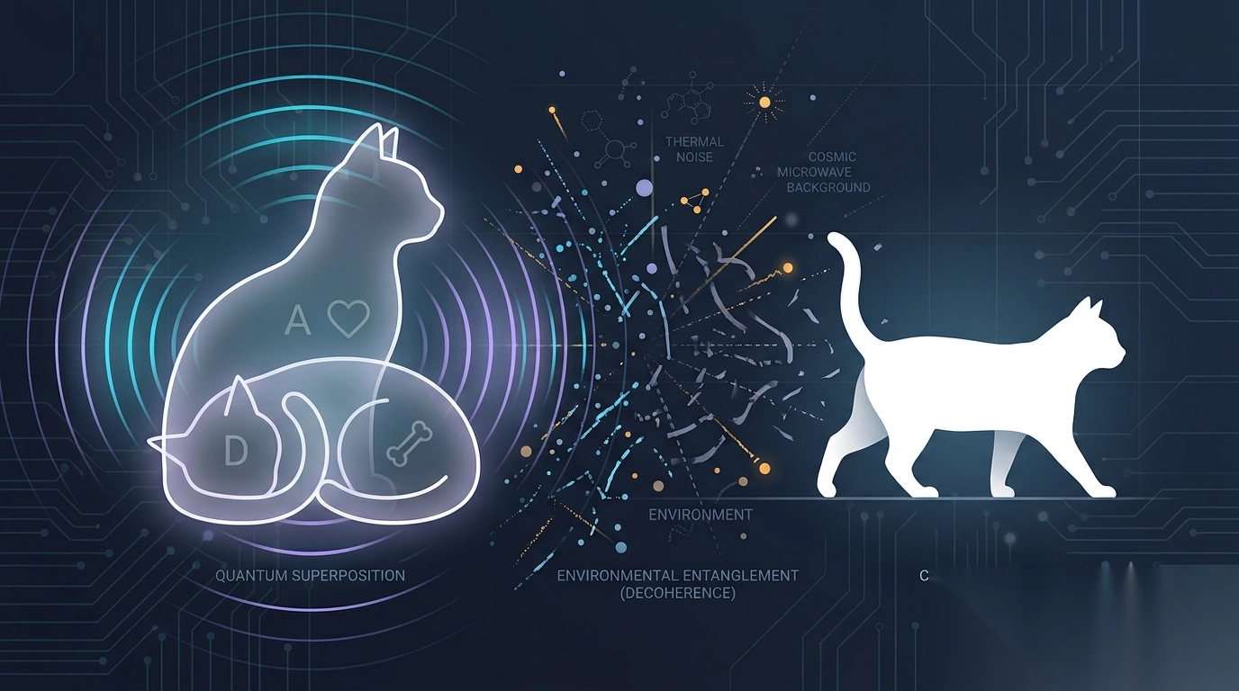 "Visual explanation of quantum superposition and decoherence using Schrödinger's cat: left shows a quantum system in multiple states, center depicts environmental interactions causing decoherence, right shows the resulting classical definite state."