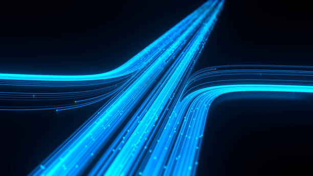 Big data communication and AI technology concept. Illustration of high-speed internet connectivity, optical fibers, digital signals, neural network, artificial intelligence with light trails.