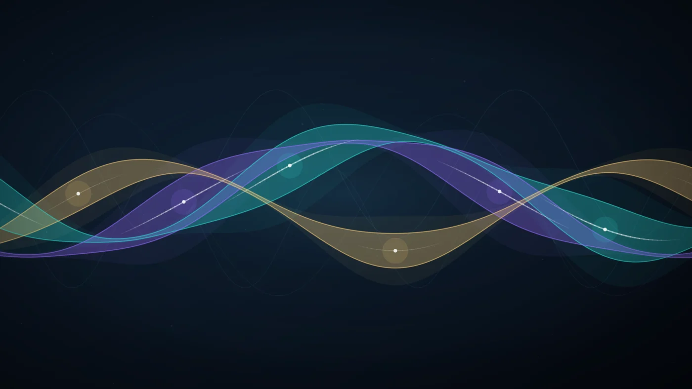 Three overlapping wave ribbons in cyan, violet and gold flowing horizontally across a dark navy background, each swelling and narrowing in turn as they cross — a decorative representation of neutrino flavour oscillation.