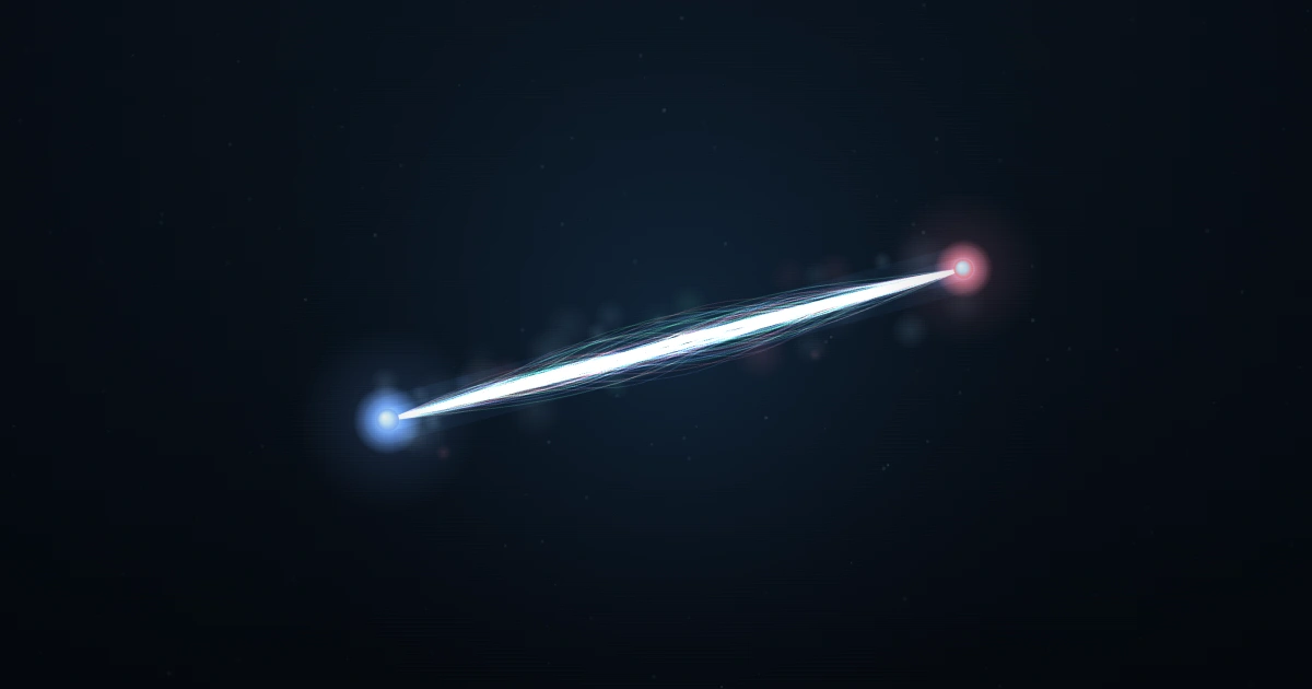 Two point-like quarks, one glowing blue and one red, joined by a bright, taut flux tube of strong-force field lines stretched between them against a dark background — a visual metaphor for quark confinement.