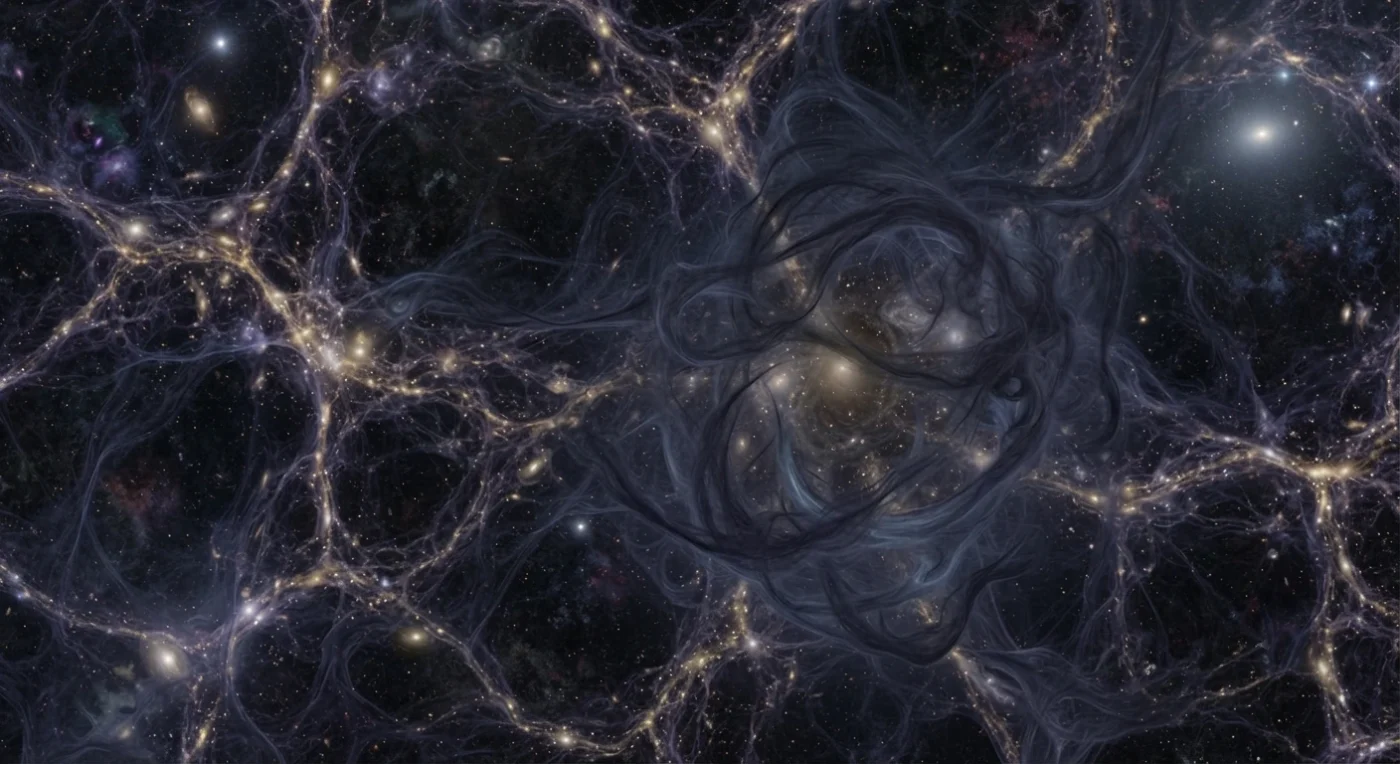 Digital illustration of the cosmic web, featuring intricate deep violet and black dark matter filaments intertwined with glowing gold galaxies and stars in deep space.