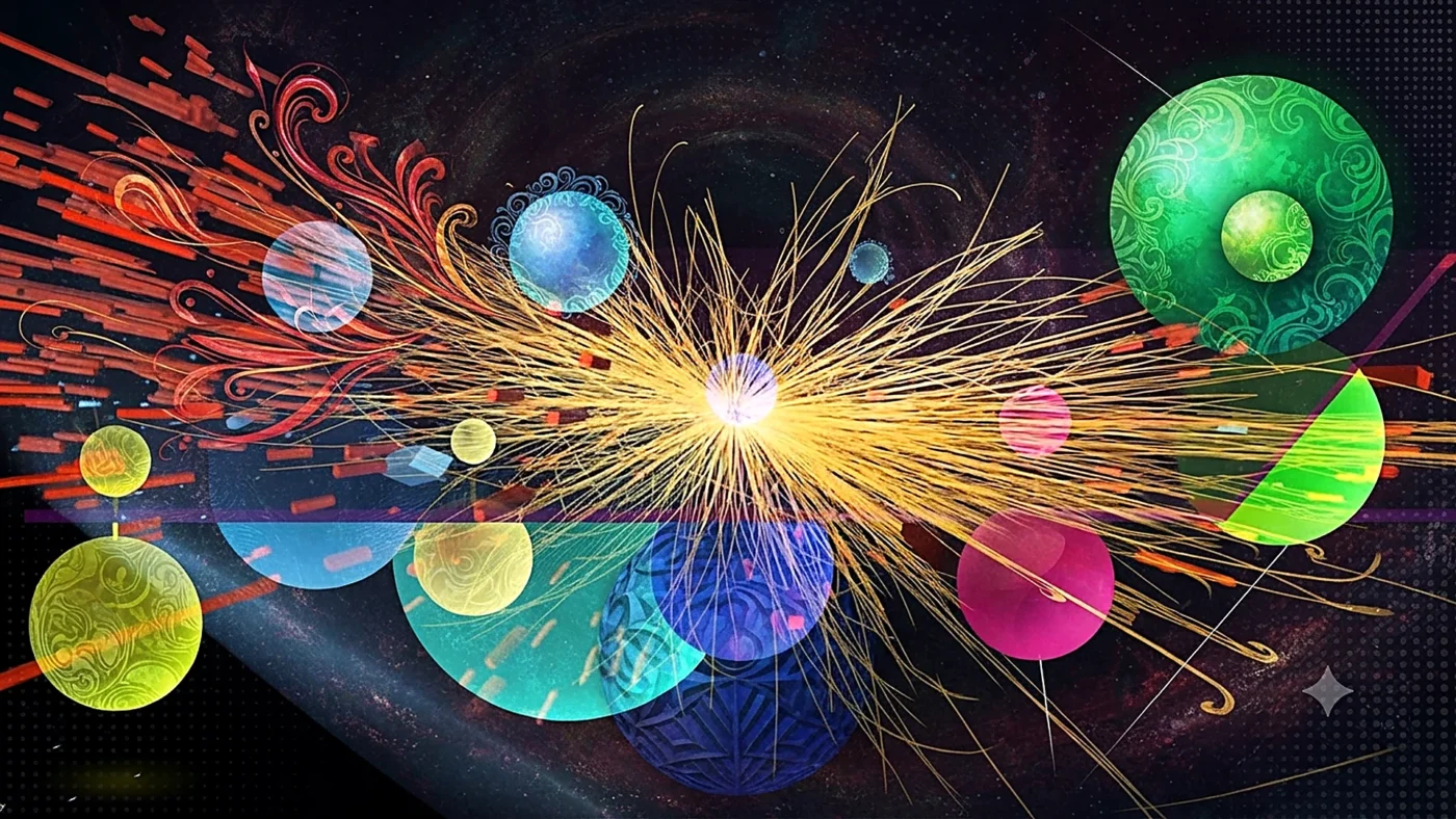 Stylised particle collision: golden filaments burst outward from a glowing white core, surrounded by patterned translucent spheres against a dark starfield.