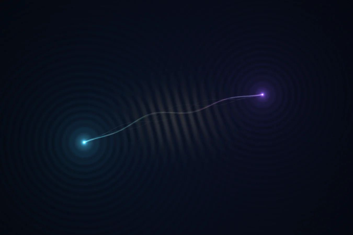 Two glowing points of light, one cyan and one violet, linked by a single thread of light across a dark navy field, with faint interference fringes overlapping between them.