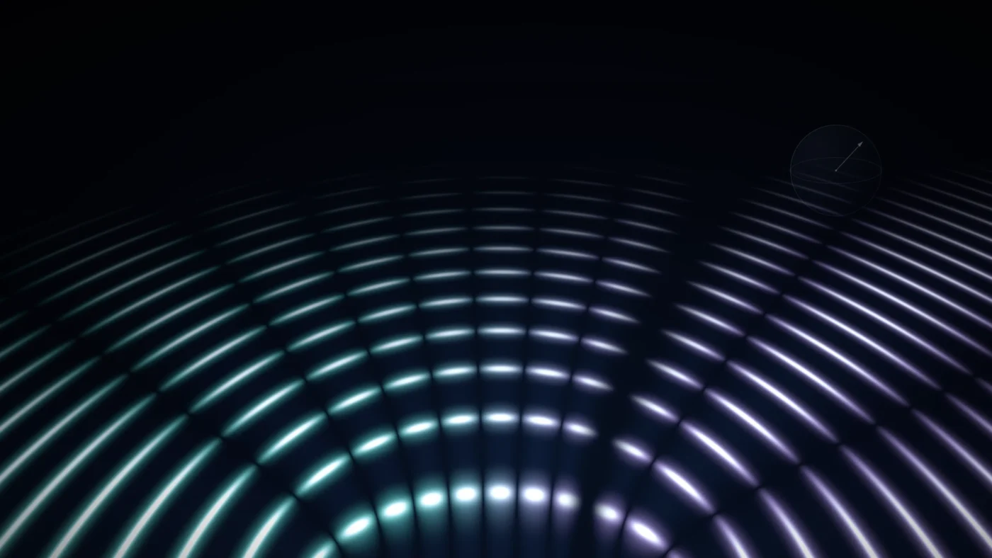 Two wave systems (teal left, violet right) with a wide, absolutely black cancellation corridor cutting up-right of centre; faint Bloch sphere in the upper right; clean negative space upper-left.
