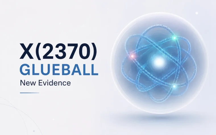 X(2370) glueball candidate illustrated as a glowing quantum particle with intertwined gluon fields, alongside the text “Glueball — New Evidence.”