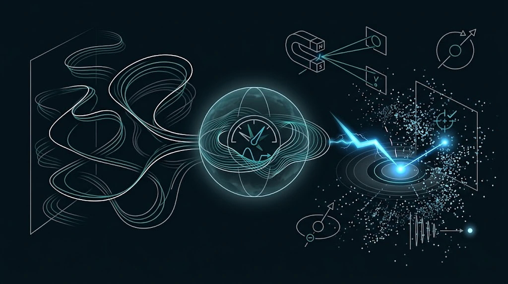 Abstract illustration of a quantum wave collapsing into a particle detection, with scattered glowing dots.